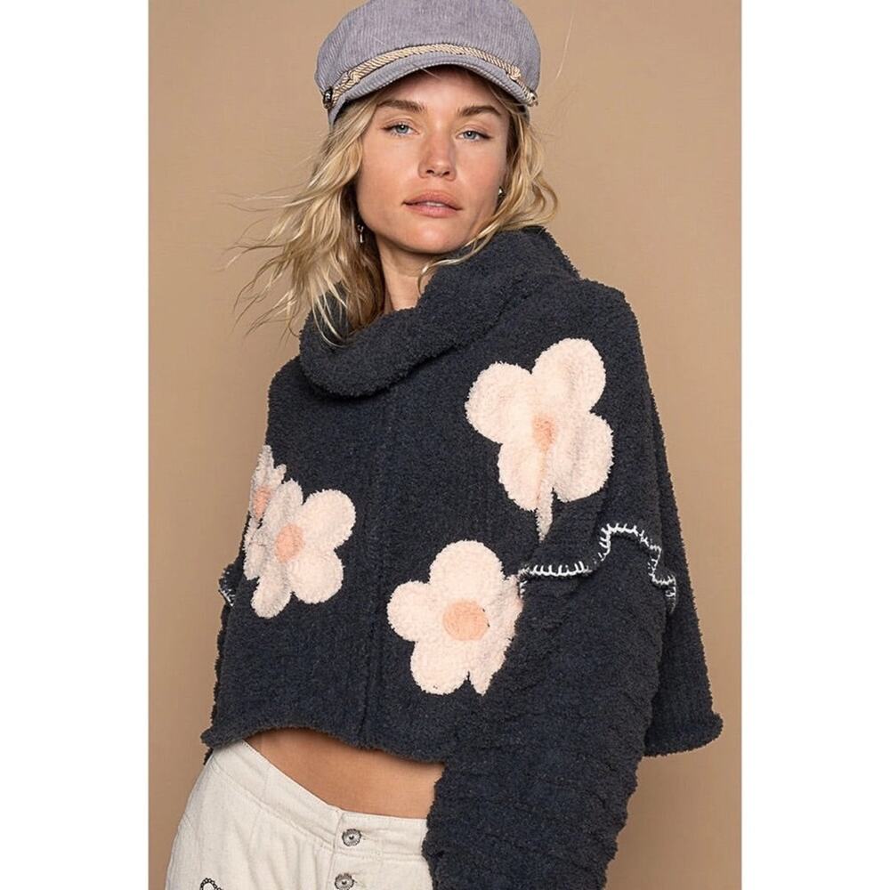 POL Cropped Sherpa Sweater Floral Boho Coquette Soft Girl Fairycore Oversized S